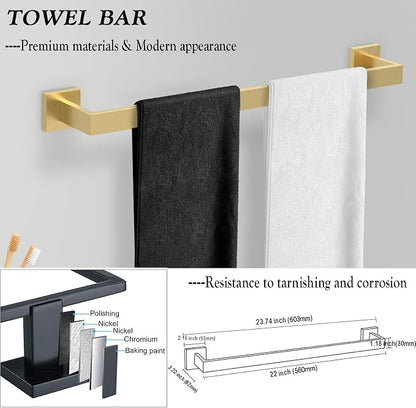 BOZWELL 5 Piece Light Brushed Gold Stainless Steel Towel Bar Set, 23.6 inch Square Bathroom Hardware Accessories Set,Wall Mounted Towel Racks for Bathroom with TP