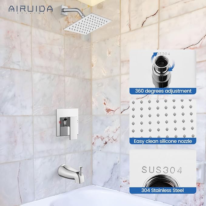 Airuida 6 Inch Shower Faucet Set,Bathtub Faucet Kit,Chrome Polish | Shower Tub Faucet Set,Male Threads Rough-In Valve,Square Head Shower System