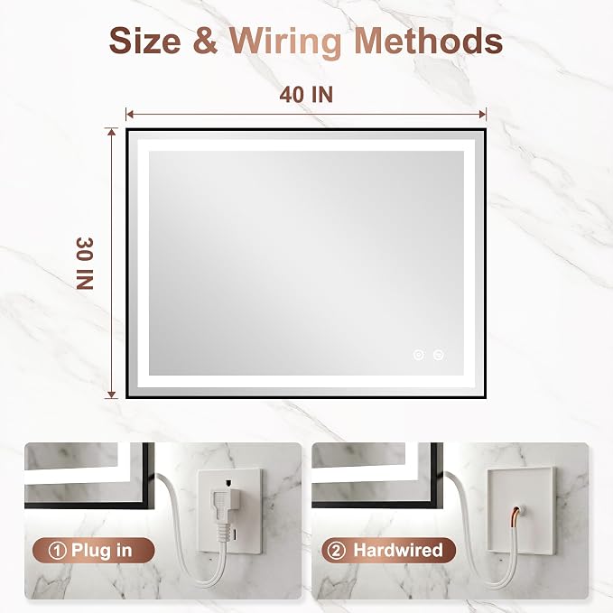 LED Bathroom Mirror with Lights, 30"x40" Black Framed Lighted Vanity Mirror | Anti-Fog, Dimmable 3 Color Temperature, Front & Backlit, Memory Function, Shatterproof Tempered Glass