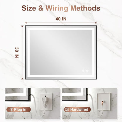 LED Bathroom Mirror with Lights, 30"x40" Black Framed Lighted Vanity Mirror | Anti-Fog, Dimmable 3 Color Temperature, Front & Backlit, Memory Function, Shatterproof Tempered Glass