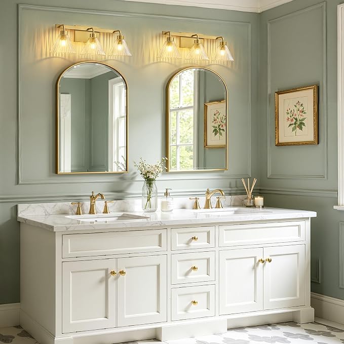 AIJIASI Modern Bathroom Vanity Light 3-Light Brushed Gold Bathroom Light Fixtures with Ribbed Glass Shade 24 Inch Up/Down Mount Vanity Lighting Fixtures Over Mirror for Bath Bedroom Makeup