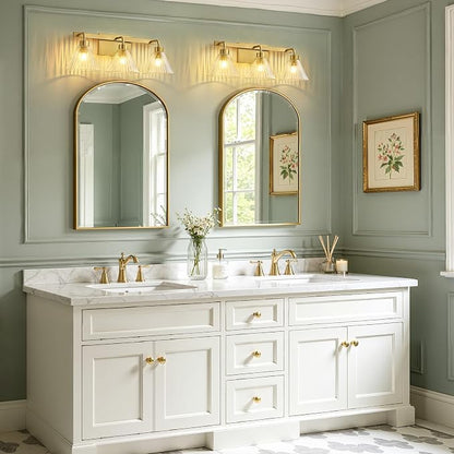 AIJIASI Modern Bathroom Vanity Light 3-Light Brushed Gold Bathroom Light Fixtures with Ribbed Glass Shade 24 Inch Up/Down Mount Vanity Lighting Fixtures Over Mirror for Bath Bedroom Makeup