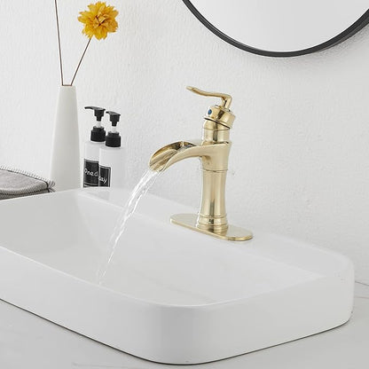 Waterfall Bathroom Faucet Brushed Gold GGStudy Single Handle One Hole Farmhouse Bathroom Vanity Faucet Basin Mixter Tap Deck Mount with Drain Assembly