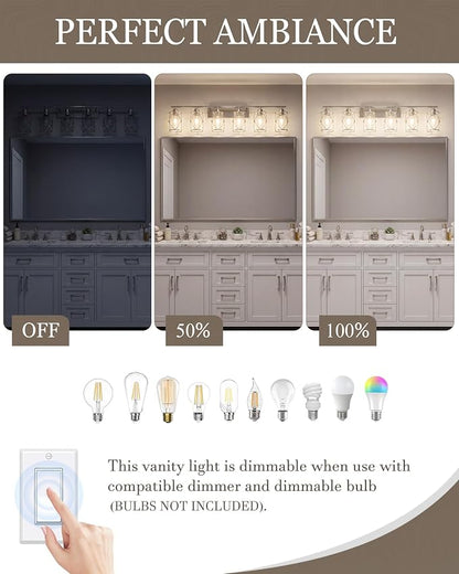 6-Light Brushed Nickel Bathroom Light Fixtures Over Mirror, 42" UL-Listed Modern Wall Sconce Lights with Clear Glass and Metal Cage for Bath, Hardwire E26, CH9176BN-6W
