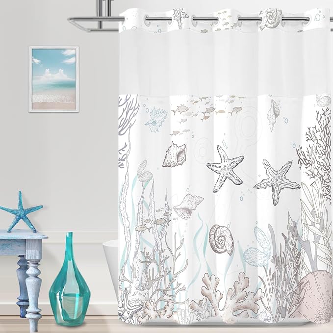 No Hook Shower Curtain and Liner Set, Brown Beach Coastal 71x74 | Nautical Ocean for Bathroom, with Snap in Liner Replacement, Mesh Top Window, Waterproof, Machine Washable, Quick-Drying