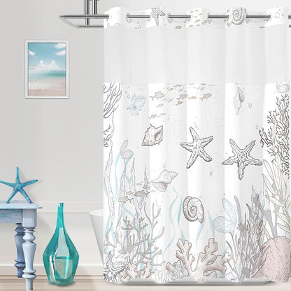 No Hook Shower Curtain and Liner Set, Brown Beach Coastal 71x74 | Nautical Ocean for Bathroom, with Snap in Liner Replacement, Mesh Top Window, Waterproof, Machine Washable, Quick-Drying