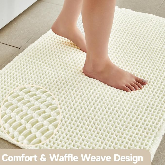 TYUU Cream White Waffle Bath Mat, Boho Bathroom Rugs Non Slip, 30x20 | Super Absorbent Quick Dry Bath Rug, Non-Slip Backing, Soft Waffle Washable Farmhouse Bathroom Mats, Tub, Shower & Home Decor