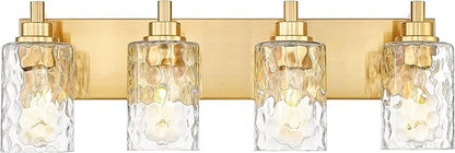 4-Light Bathroom Light Fixtures, 24.5 Inch Brushed Gold Vanity Lights with Clear Hammered Glass Cylinder Shade, Modern Vanity Lighting Fixture Over Mirror, VL198-BG-4