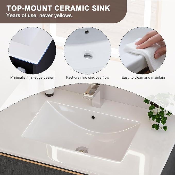 Floating Bathroom Vanity with Sink Wall Mounted Cabinet with 2 Soft-Close Drawers, Moisture-Resistant MDF,Large Storage for Small Space (Gray 30")