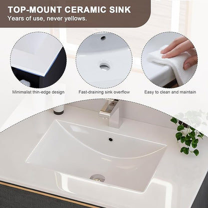 Floating Bathroom Vanity with Sink Wall Mounted Cabinet with 2 Soft-Close Drawers, Moisture-Resistant MDF,Large Storage for Small Space (Gray 30")