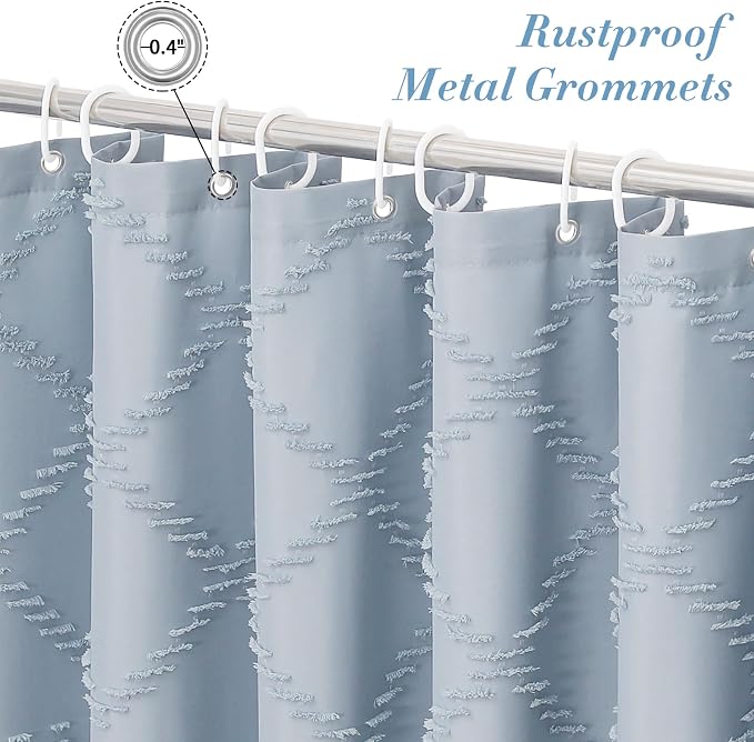 Blue Boho Woven Fabric Shower Curtain with Tassel 72 x 78, Tufted Textured | Modern Farmhouse Curtain for Bathroom, Long Bathroom Curtain, Minimalist Decor, Waterproof