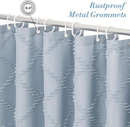 Blue Boho Woven Fabric Shower Curtain with Tassel 72 x 84, Tufted Textured | Modern Farmhouse Curtain for Bathroom, Extra Long Bathroom Curtain, Minimalist Decor, Waterproof