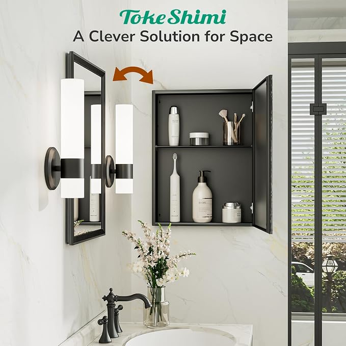 14 x 18 Recessed Medicine Cabinet, Assembly Required, Black Bathroom Medicine Cabinet with Mirror, Stepless Adjustable Shelves, Tempered Glass, Beveled Aluminum Frame