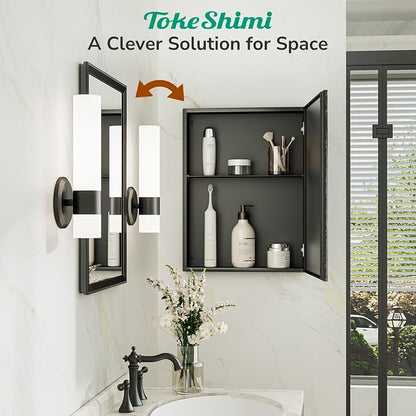14 x 18 Recessed Medicine Cabinet, Assembly Required, Black Bathroom Medicine Cabinet with Mirror, Stepless Adjustable Shelves, Tempered Glass, Beveled Aluminum Frame