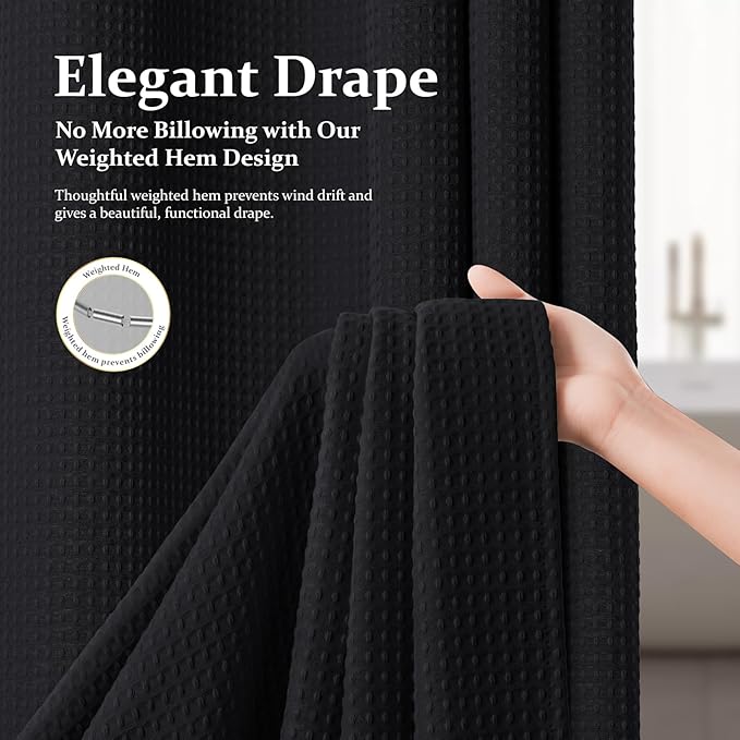 Stall Waffle Shower Curtain 256 GSM Heavy Fabric 54x78 Black | 54 x 78 Inch Long, Thick Cloth, Weighted Hem, Water Repellent, Hotel Luxury Polyester Shower Curtains for Bathroom 10 Hooks