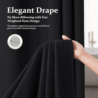 Extra Wide Waffle Shower Curtain 256 GSM Fabric 108x72 Black | 108 Inch Wide, Thick Cloth, Weighted Hem, Water Repellent, Hotel Luxury Polyester Shower Curtain Set for Bathroom 18 Hooks