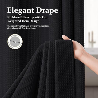Stall Waffle Shower Curtain 256 GSM Heavy Fabric 36x72 Black | Narrow Half Size, Thick Cloth, Weighted Hem, Water Repellent, Hotel Luxury Polyester Shower Curtain Set for Bathroom 6 Hooks