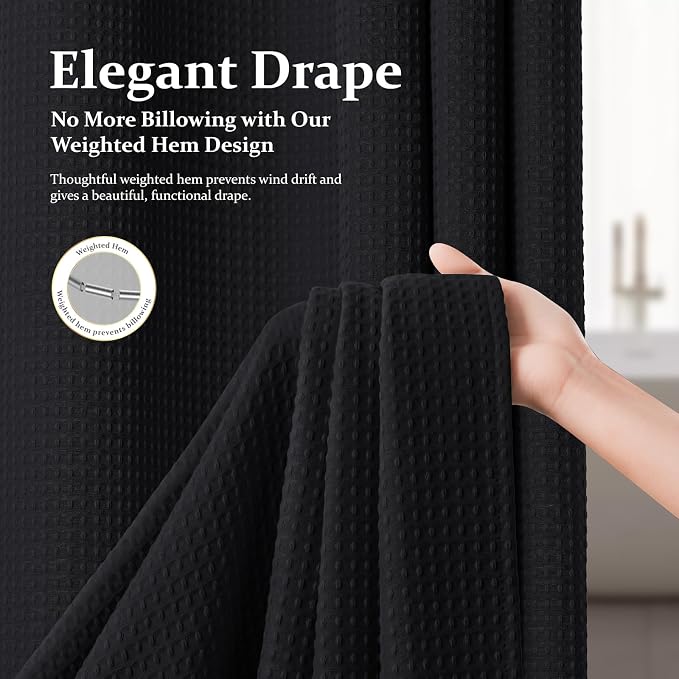 Extra Long Waffle Shower Curtain 256 GSM Fabric 72x90 Black | 90 Inch Tall, Thick Cloth, Weighted Hem, Water Repellent, Hotel Luxury Polyester Shower Curtain Set for Bathroom 12 Hooks