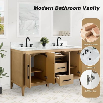 HomeBeyond 60 Inch Bathroom Vanity with Sink & Ceramic Top, Double Vanity Cabinet with Basin, Soft-Closing Doors & Matte Black Hardware, Natural Oak