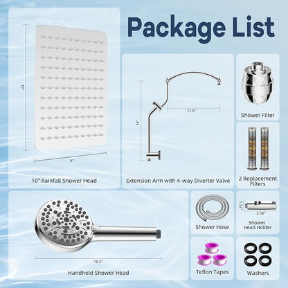 Hibbent 10'' Filtered Shower Head & Filtered 10-Mode Handheld Combo, Chrome | All Metal Stainless Steel Rain Showerhead, 4-way Diverter, Heightened All Metal Extension Arm, 71'' Hose & Holder, Easy Reach
