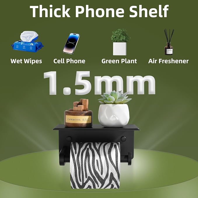 Toilet Paper Holder with Phone Shelf, Matte Black, Wall Mounted | 304 Stainless Steel, Rustproof Tissue Holder for Bathroom Restroom Powder Room, Paper Roll Dispenser, Large Phone Storage
