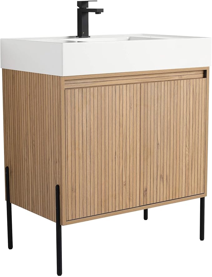Crownpoint 30 Inch Bathroom Vanity with Sink, White Sink, Bright Oak Finish, Full Assembly Required, Elegant Bathroom Vanities for Modern Homes
