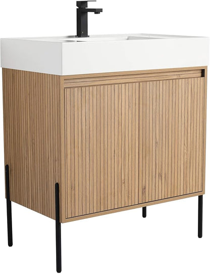 Crownpoint 30 Inch Bathroom Vanity with Sink, White Sink, Bright Oak Finish, Full Assembly Required, Elegant Bathroom Vanities for Modern Homes