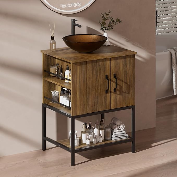 VNN Small Bathroom Vanity with Sink - 24 Inch Vanity with Sink, Freestanding Cabinet with Open Shelf, Modern Iron Wood Bathroom Cabinet with Countertop Tempered Glass Vessel, Oak