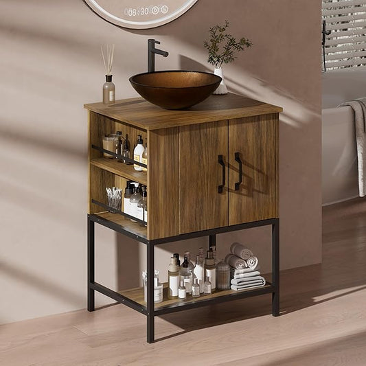 VNN Small Bathroom Vanity with Sink - 24 Inch Vanity with Sink, Freestanding Cabinet with Open Shelf, Modern Iron Wood Bathroom Cabinet with Countertop Tempered Glass Vessel, Oak