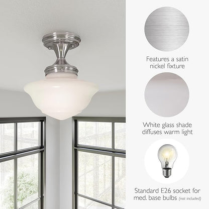 Design House Vintage-Inspired Schoolhouse Semi-Flush Mount Ceiling Light, 9 in x 9 in x 10 in, Satin Nickel, White Glass Shade, 577494