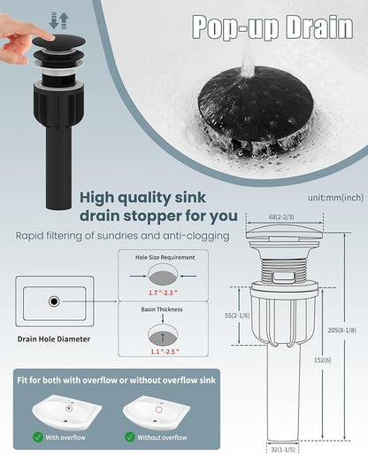 Bathroom Faucets, Matte Black Bathroom Faucet with Pop-up Drain and 2 Supply Hoses, Single Hole High Barrel Vanity Faucet for Vessel Sink, Single Handle Stainless Steel RV Faucet