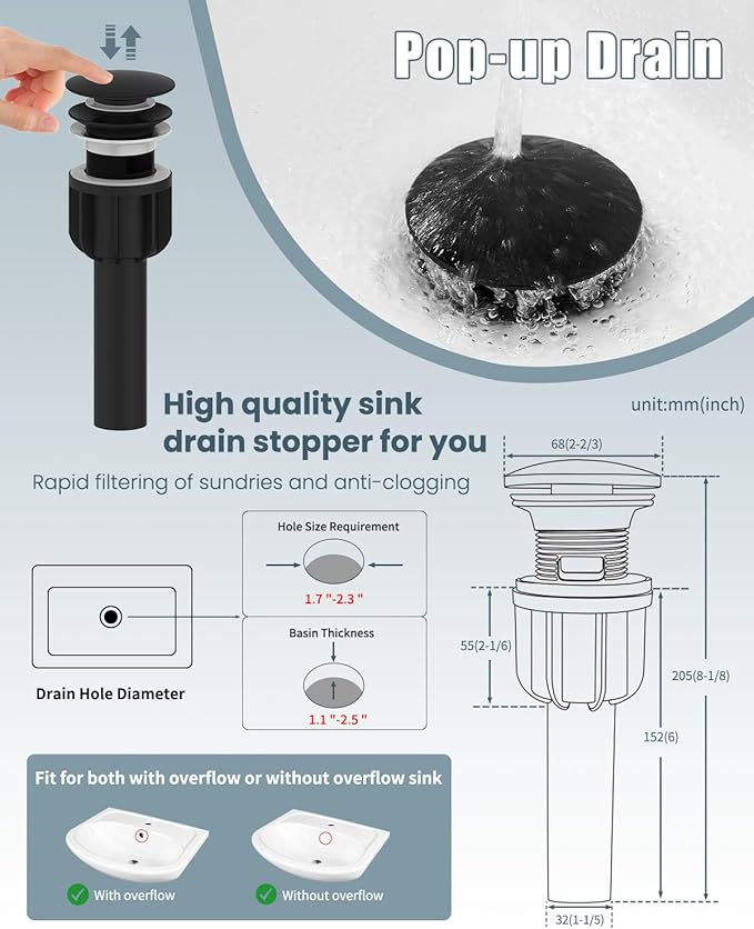 Bathroom Faucets(2 Sets),Matte Black Bathroom Faucet with Pop-up Drain and Supply Hoses,Single Hole High Barrel Vanity Faucet for Vessel Sink,Single Handle Stainless Steel RV Faucet