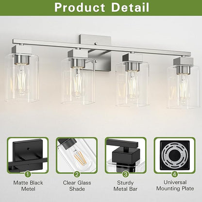 Espird 4 Light Bathroom Vanity Light - Brush Nickel Matte Vanity Lights Square Design & UL Certification & Square 26” Silver Bathroom Lights Fixture Over Mirror, Brush Nickel Light for Bedroom