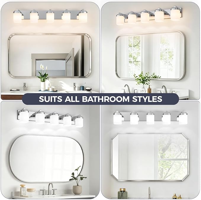 Vanity Lights for Bathroom, Farmhouse Bathroom Light Fixtures | 5-light chrome modern light fixture with milky white square glass shade, 36.5" modern bathroom lighting fixtures over mirror