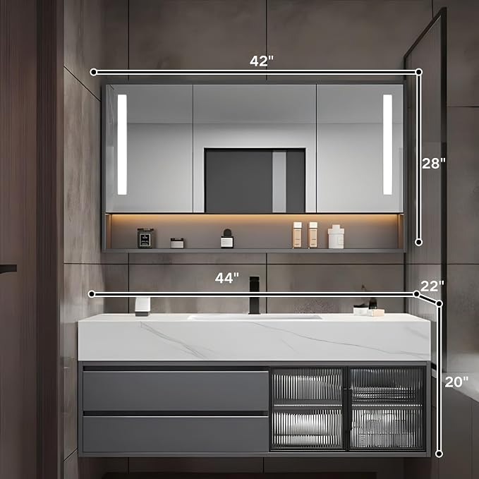 44" Floating Bathroom Vanity,Bathroom Vanity with Sink Set Includes Open LED Smart Defog Mirror Cabinet, Modern Bath Vanity with Drawers,Wall-Mounted Bathroom Vanities,Dark Grey