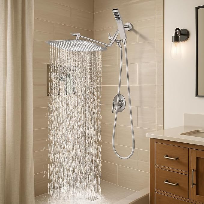 G-Promise All Metal 16" Rain Shower Head with Handheld for Bathroom Upgrade | All Metal, Built to Last, Easy Install, Adjustable Height & Angle for All Heights, Extra Long Hose, Modern Upgrade