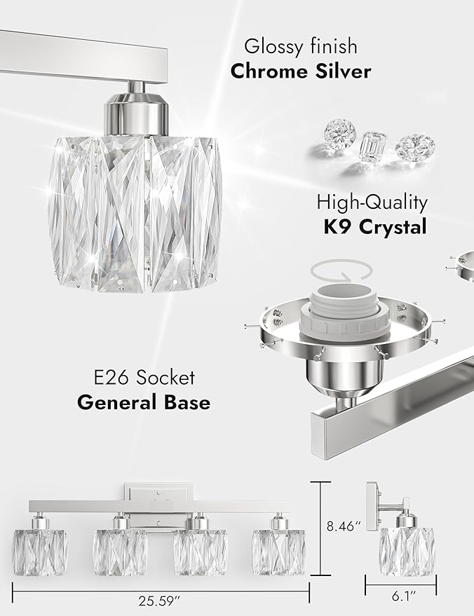 VOLISUN Crystal Vanity Lights for Bathroom, 4 Light Bathroom Vanity Light, Modern Stainless Steel Bathrooms Lights Over Mirror, Chrome Bathrooms Lights Fixtures-UL Certificated(Exclude Bulb)