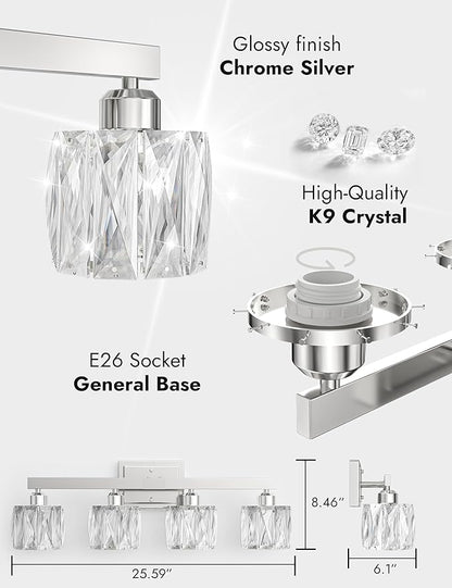 VOLISUN Crystal Vanity Lights for Bathroom, 4 Light Bathroom Vanity Light, Modern Stainless Steel Bathrooms Lights Over Mirror, Chrome Bathrooms Lights Fixtures-UL Certificated(Exclude Bulb)