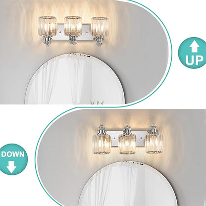 Chrome Bathroom Light Fixtures with K9 Crystal Lampshade Bathroom Lighting Over Mirror Vanity Lights for Living Room,Bedroom,Restroom,Hallway 3 Lights