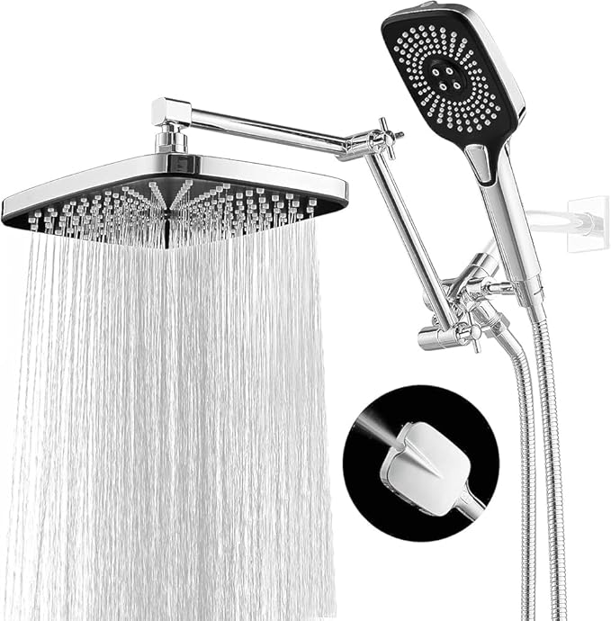 Shower Head with Handheld, 12 Inch Dual Shower Head with Extention Arm, High Pressure Rain Shower Heads, Rainfall Waterfall Showerhead with 3-Way Diverter - Height/Angle Adjustable(Chrome)