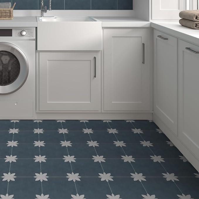 16-Sheet Peel and Stick Floor and Wall Tile for Bathroom Kitchen, 9" x 9" Blue Flower SPC Self-Adhesive Vinyl Flooring Patterned Groutable Backsplash Tile, Covers 9.12 Sq Ft.