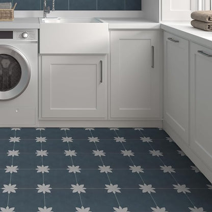 16-Sheet Peel and Stick Floor and Wall Tile for Bathroom Kitchen, 9" x 9" Blue Flower SPC Self-Adhesive Vinyl Flooring Patterned Groutable Backsplash Tile, Covers 9.12 Sq Ft.