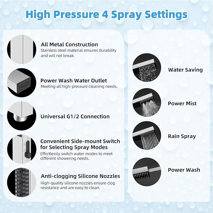 Hibbent All Metal CUPC Certified 8'' Rainfall Shower Head, Dual Shower Head Combo with 4 Handheld Sprays, High Pressure Shower Wand, 16'' Adjustable Extension Arm, 71'' Hose, Shower Holder, Chrome