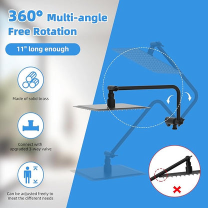 8" Metal Rainfall Shower Head with 10-Mode Handheld, Matte Black | NSF/ANSI/CAN 372 Certified, High Pressure Showerhead Combo with 11" Adjustable Shower Arm, 71" Hose, Shower Head Holder