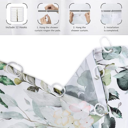 Eucalyptus Shower Curtain, Watercolor Green Leaves on The Top Plant with Floral Bathroom Curtain Bathtub Home Decor Waterproof Fabric Machine Washable with 12 Hooks, 72''Lx48''W, GCI-7426