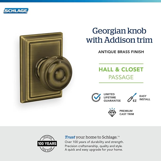 SCHLAGE F10GEO609ADD Addison Collection Georgian Passage Knob, Antique Brass