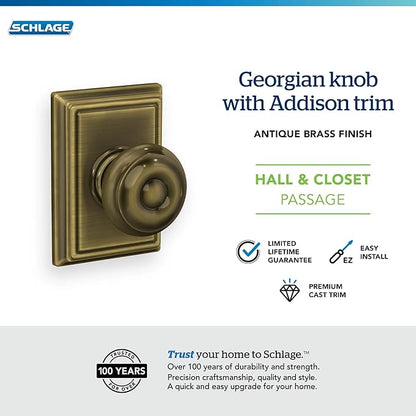 SCHLAGE F10GEO609ADD Addison Collection Georgian Passage Knob, Antique Brass