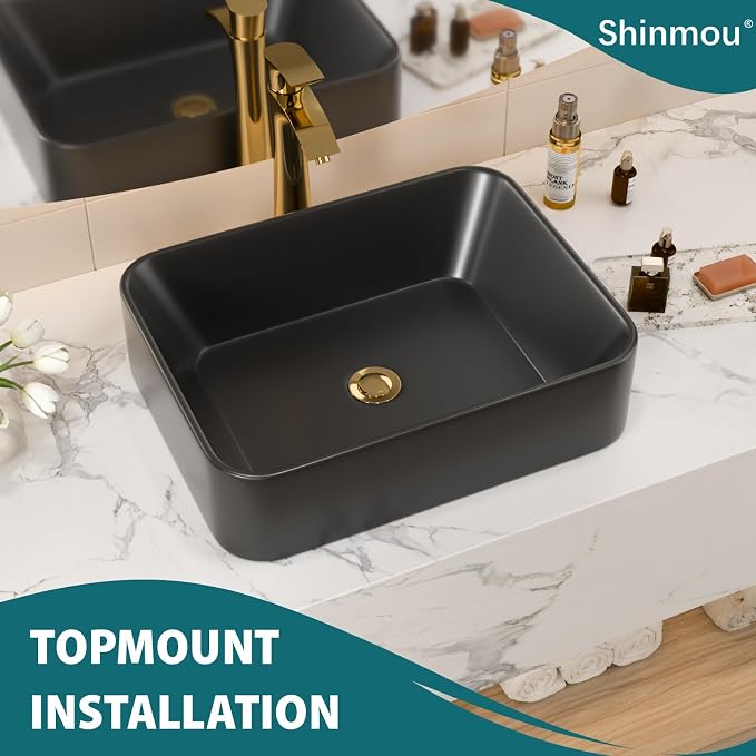 19x15 Black Topmount Vessel Bathroom Sink | black drop in dtopin top mount over counter rectangle bathroom sink