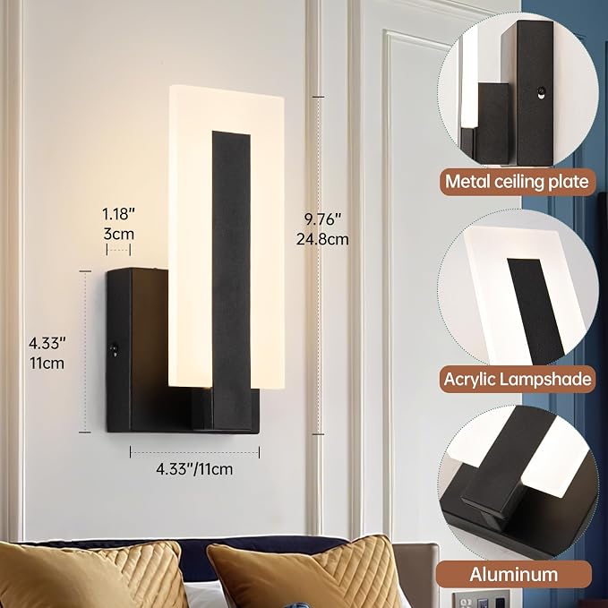Modern LED Wall Sconces, 3000K Warm White Indoor Black Wall Light, 8W Acrylic Hardwired Wall Mounted Lights for Hallways, Bedrooms, Hallways,Corridor,Home Room Decor