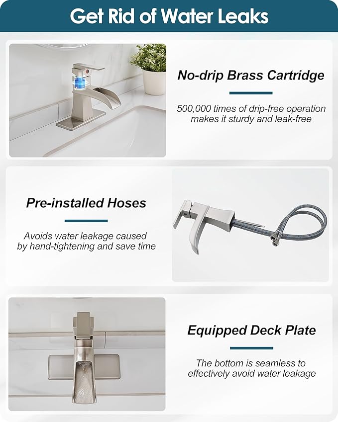 Single Hole Bathroom Faucet 3 Hole (4 Inch), Brass Waterfall Faucet Single Handle, Bathroom Faucets Brushed Nickel Bathroom Sink Faucet with Deck Plate & Pre-Install Hoses Without Pop-up Drain